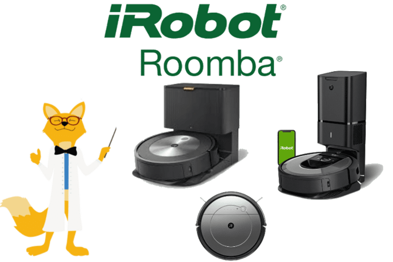 Der Smart Home Fox Fuchs zeigt mit einem Lineal auf iRobot Roomba Saugroboter ohne Wischfunktion.
